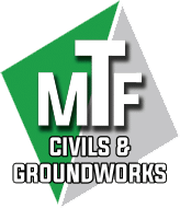 MTF Civils & Groundworks logo with bold text on a green and grey background.