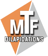 MTF Dilapidations logo with orange and grey geometric background shapes.