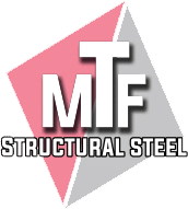 MTF Structural Steel logo with pink and gray geometric background.