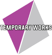 Purple and grey geometric logo with the words "TEMPORARY WORKS" across the center.